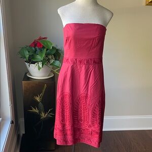 Ann Taylor Strapless Fuchsia Midi Dress with Embroidered Hem
